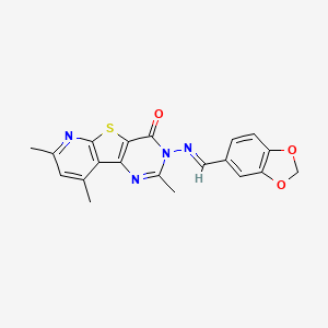 B1661895 Pyrido(3',2':4,5)thieno(3,2-d)pyrimidin-4(3H)-one, 3-((3,4-(methylenedioxy)benzylidene)amino)-2,7,9-trimethyl- CAS No. 99504-88-8