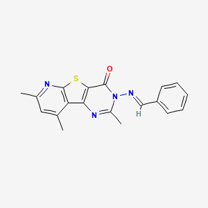 molecular formula C19H16N4OS B1661896 Pyrido(3',2':4,5)thieno(3,2-d)pyrimidin-4(3H)-one, 3-(benzylideneamino)-2,7,9-trimethyl- CAS No. 99504-90-2