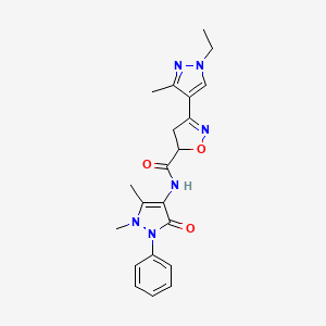 molecular formula C21H24N6O3 B1663256 N-(1,5-dimethyl-3-oxo-2-phenylpyrazol-4-yl)-3-(1-ethyl-3-methylpyrazol-4-yl)-4,5-dihydro-1,2-oxazole-5-carboxamide CAS No. 1006335-39-2