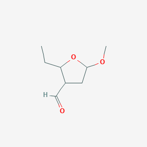 molecular formula C8H14O3 B166387 2-Ethyl-5-methoxyoxolane-3-carbaldehyde CAS No. 126810-42-2