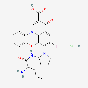 B1664248 3H-Pyrido(3,2,1-kl)phenoxazine-2-carboxylic acid, 6-(2-((2-amino-1-oxopentyl)amino)-1-pyrrolidinyl)-5-fluoro-3-oxo-, monohydrochloride CAS No. 148201-60-9