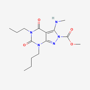 molecular formula C15H23N5O4 B1664269 2H-Pyrazolo(3,4-d)pyrimidine-2-carboxylic acid, 7-butyl-4,5,6,7-tetrahydro-3-(methylamino)-4,6-dioxo-5-propyl-, methyl ester CAS No. 103446-98-6