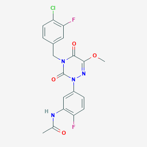 molecular formula C19H15ClF2N4O4 B1664386 n-(5-(4-(4-Chloro-3-fluorobenzyl)-6-methoxy-3,5-dioxo-4,5-dihydro-1,2,4-triazin-2(3h)-yl)-2-fluorophenyl)acetamide CAS No. 1207440-88-7
