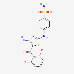 molecular formula C16H12F2N4O3S2 B1664413 Benzenesulfonamide, 4-((4-amino-5-(2,6-difluorobenzoyl)-2-thiazolyl)amino)- CAS No. 223784-75-6