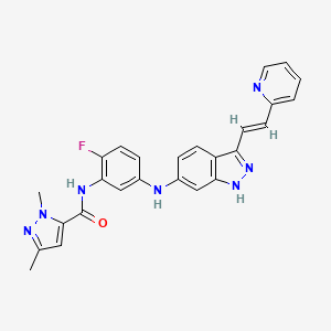 molecular formula C26H22FN7O B1664415 (E)-N-(2-fluoro-5-((3-(2-(pyridin-2-yl)vinyl)-1H-indazol-6-yl)amino)phenyl)-1,3-dimethyl-1H-pyrazole-5-carboxamide CAS No. 319460-94-1