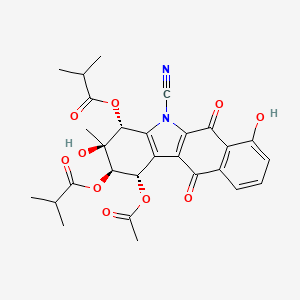 molecular formula C28H28N2O10 B1664750 [(1S,2R,3S,4R)-1-acetyloxy-5-cyano-3,7-dihydroxy-3-methyl-4-(2-methylpropanoyloxy)-6,11-dioxo-2,4-dihydro-1H-benzo[b]carbazol-2-yl] 2-methylpropanoate CAS No. 142383-42-4