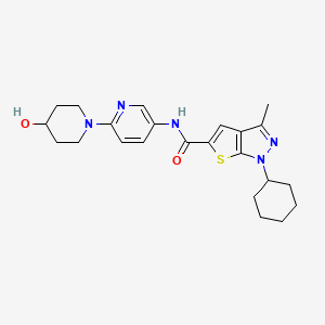 molecular formula C23H29N5O2S B1665187 1H-Thieno(2,3-C)pyrazole-5-carboxamide, 1-cyclohexyl-N-(6-(4-hydroxy-1-piperidinyl)-3-pyridinyl)-3-methyl- CAS No. 873541-45-8