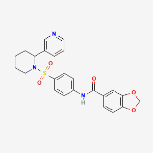 molecular formula C24H23N3O5S B1665320 N-(4-((2-(pyridin-3-yl)piperidin-1-yl)sulfonyl)phenyl)benzo[d][1,3]dioxole-5-carboxamide CAS No. 393834-37-2