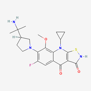molecular formula C21H25FN4O3S B1665432 Isothiazolo(5,4-b)quinoline-3,4(2H,9H)-dione, 7-((3R)-3-(1-amino-1-methylethyl)-1-pyrrolidinyl)-9-cyclopropyl-6-fluoro-8-methoxy- CAS No. 922491-46-1
