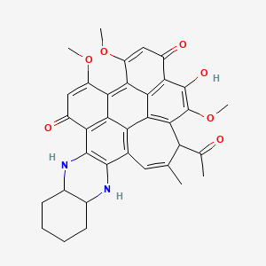 molecular formula C35H32N2O7 B1665450 17-acetyl-2-hydroxy-1,5,6-trimethoxy-16-methyl-9a,10,11,12,13,13a,14,17-octahydro-3H-cyclohepta[12,1]peryleno[2,3-b]quinoxaline-3,8(9H)-dione CAS No. 925438-34-2