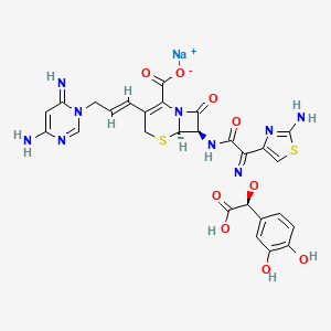 molecular formula C27H24N9NaO9S2 B1665573 sodium;(6R,7R)-3-[(E)-3-(4-amino-6-iminopyrimidin-1-yl)prop-1-enyl]-7-[[(2E)-2-(2-amino-1,3-thiazol-4-yl)-2-[(S)-carboxy-(3,4-dihydroxyphenyl)methoxy]iminoacetyl]amino]-8-oxo-5-thia-1-azabicyclo[4.2.0]oct-2-ene-2-carboxylate CAS No. 175553-22-7
