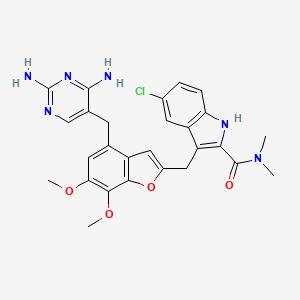 molecular formula C27H27ClN6O4 B1666079 1H-Indole-2-carboxamide, 5-chloro-3-((4-((2,4-diamino-5-pyrimidinyl)methyl)-6,7-dimethoxy-2-benzofuranyl)methyl)-N,N-dimethyl- CAS No. 663214-64-0