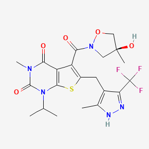 molecular formula C21H24F3N5O5S B1666217 (S)-5-(4-Hydroxy-4-methylisoxazolidine-2-carbonyl)-1-isopropyl-3-methyl-6-((5-methyl-3-(trifluoromethyl)-1H-pyrazol-4-yl)methyl)thieno[2,3-d]pyrimidine-2,4(1H,3H)-dione CAS No. 1448671-31-5