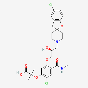 molecular formula C27H32Cl2N2O7 B1666219 2-(2-Chloro-5-(((2S)-3-(5-chloro-2,3-dihydrospiro(benzofuran-2,4'-piperidin)-1'-yl)-2-hydroxypropyl)oxy)-4-((methylamino)carbonyl)phenoxy)-2-methylpropanoic acid CAS No. 1003566-93-5