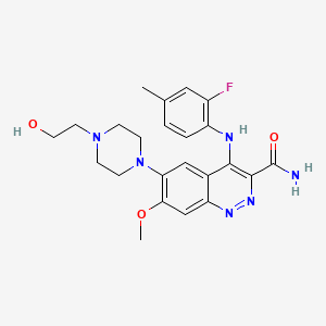 molecular formula C23H27FN6O3 B1666235 4-(2-Fluoro-4-methylanilino)-6-[4-(2-hydroxyethyl)piperazin-1-yl]-7-methoxycinnoline-3-carboxamide CAS No. 1041852-85-0