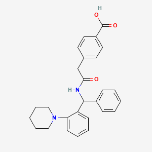 molecular formula C27H28N2O3 B1666250 4-((N-(alpha-Phenyl-2-piperidinobenzyl)carbamoyl)methyl)benzoic acid CAS No. 83901-40-0
