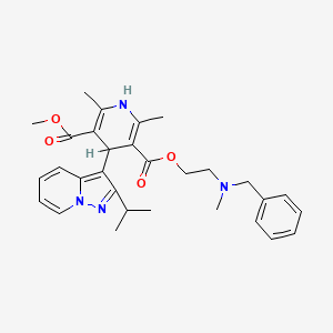 molecular formula C30H36N4O4 B1666710 3,5-Pyridinedicarboxylic acid, 1,4-dihydro-2,6-dimethyl-4-(2-(1-methylethyl)pyrazolo(1,5-a)pyridin-3-yl)-, methyl 2-(methyl(phenylmethyl)amino)ethyl ester CAS No. 119666-09-0