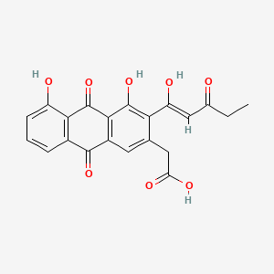 molecular formula C21H16O8 B1666739 2-Anthraceneacetic acid, 9,10-dihydro-4,5-dihydroxy-3-(1-hydroxy-3-oxo-1-pentenyl)-9,10-dioxo- CAS No. 91432-47-2