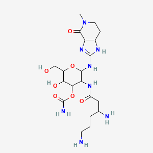 molecular formula C20H36N8O7 B1666815 [5-(3,6-diaminohexanoylamino)-3-hydroxy-2-(hydroxymethyl)-6-[(5-methyl-4-oxo-3a,6,7,7a-tetrahydro-1H-imidazo[4,5-c]pyridin-2-yl)amino]oxan-4-yl] carbamate CAS No. 103867-06-7