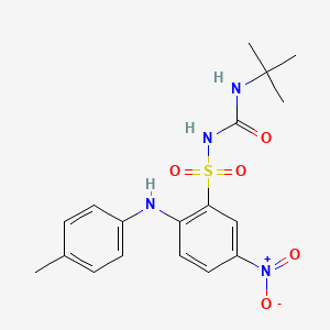 molecular formula C18H22N4O5S B1667143 Benzenesulfonamide, N-(((1,1-dimethylethyl)amino)carbonyl)-2-((4-methylphenyl)amino)-5-nitro- CAS No. 284464-83-1