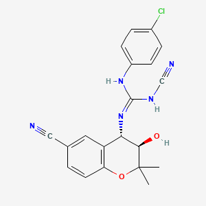 molecular formula C20H18ClN5O2 B1667159 Guanidine, N-(4-chlorophenyl)-N'-cyano-N''-(6-cyano-3,4-dihydro-3-hydroxy-2,2-dimethyl-2H-1-benzopyran-4-yl)-, trans- CAS No. 144264-47-1