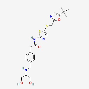 molecular formula C23H30N4O4S2 B1667209 Benzeneacetamide, N-(5-(((5-(1,1-dimethylethyl)-2-oxazolyl)methyl)thio)-2-thiazolyl)-4-(((2-hydroxy-1-(hydroxymethyl)ethyl)amino)methyl)- CAS No. 333389-24-5
