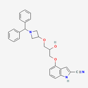 molecular formula C28H27N3O3 B1667848 4-(3-(1-Diphenylmethylazetidine-3-oxy)-2-hydroxypropoxy)-1H-indole-2-carbonitrile CAS No. 120838-62-2