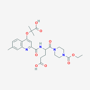 molecular formula C27H34N4O9 B1668161 5-(4-Ethoxycarbonylpiperazin-1-yl)-4-[[4-(1-hydroxy-2-methyl-1-oxopropan-2-yl)oxy-7-methylquinoline-2-carbonyl]amino]-5-oxopentanoic acid CAS No. 937395-09-0