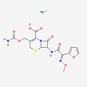 molecular formula C16H16N4NaO8S B1668366 5-Thia-1-azabicyclo[4.2.0]oct-2-ene-2-carboxylic acid,3-[[(aminocarbonyl)oxy]methyl]-7-[[(2Z)-2-furanyl(methoxyimino)acetyl]amino]-8-oxo-, monosodium salt, (6R,7R)- CAS No. 56238-63-2