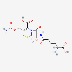 molecular formula C16H22N4O9S B1668395 5-硫杂-1-氮杂双环[4.2.0]辛-2-烯-2-羧酸，3-(((氨基羰基)氧)甲基)-7-((5-氨基-5-羧基-1-氧戊基)氨基)-7-甲氧基-8-氧代- CAS No. 38429-35-5