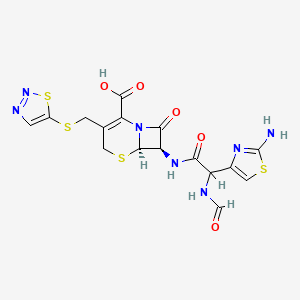 molecular formula C16H15N7O5S4 B1668493 (6R,7R)-7-[[2-(2-amino-1,3-thiazol-4-yl)-2-formamidoacetyl]amino]-8-oxo-3-(thiadiazol-5-ylsulfanylmethyl)-5-thia-1-azabicyclo[4.2.0]oct-2-ene-2-carboxylic acid CAS No. 94714-78-0