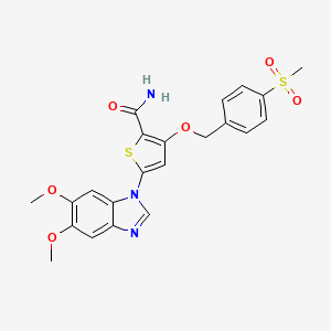 molecular formula C22H21N3O6S2 B1668651 5-(5,6-dimethoxy-1H-benzimidazol-1-yl)-3-[[4-(methylsulfonyl)phenyl]methoxy]-2-thiophenecarboxamide CAS No. 916985-21-2