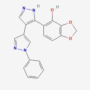 molecular formula C19H14N4O3 B1668676 5-(1'-Phenyl-1H,1'H-[4,4']bipyrazolyl-3-yl)-benzo[1,3]dioxol-4-ol CAS No. 379218-90-3