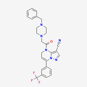 molecular formula C27H25F3N6O B1669143 Pyrazolo(1,5-a)pyrimidine-3-carbonitrile, 4,5-dihydro-4-((4-(phenylmethyl)-1-piperazinyl)acetyl)-7-(3-(trifluoromethyl)phenyl)- CAS No. 115931-65-2
