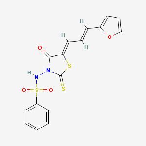 molecular formula C16H12N2O4S3 B1669317 N-[(5Z)-5-[(E)-3-(furan-2-yl)prop-2-enylidene]-4-oxo-2-sulfanylidene-1,3-thiazolidin-3-yl]benzenesulfonamide CAS No. 861123-84-4