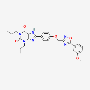molecular formula C27H28N6O5 B1669357 1H-Purine-2,6-dione, 3,7-dihydro-8-(4-((5-(3-methoxyphenyl)-1,2,4-oxadiazol-3-yl)methoxy)phenyl)-1,3-dipropyl- CAS No. 531506-64-6