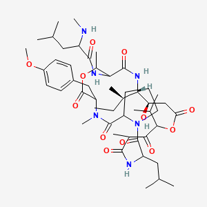 B1670499 N-[(12R,13S)-13-[(2R)-butan-2-yl]-12-hydroxy-20-[(4-methoxyphenyl)methyl]-6,17,21-trimethyl-3-(2-methylpropyl)-2,5,7,10,15,19,22-heptaoxo-8-propan-2-yl-9,18-dioxa-1,4,14,21-tetrazabicyclo[21.3.0]hexacosan-16-yl]-4-methyl-2-(methylamino)pentanamide CAS No. 77327-04-9