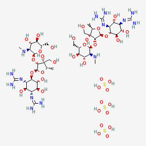molecular formula C42H88N14O36S3 B1670613 bis(1-[(1S,2R,3R,4S,5R,6S)-5-(diaminomethylideneamino)-2-[(2R,3R,4R,5S)-3-[(2S,3S,4S,5R,6S)-4,5-dihydroxy-6-(hydroxymethyl)-3-(methylamino)oxan-2-yl]oxy-4-hydroxy-4-(hydroxymethyl)-5-methyloxolan-2-yl]oxy-3,4,6-trihydroxycyclohexyl]guanidine);sulfuric acid CAS No. 5490-27-7