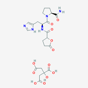 molecular formula C22H29N5O12 B1670839 L-Prolinamide, N-((tetrahydro-5-oxo-2-furanyl)carbonyl)-L-histidyl-, 2-hydroxy-1,2,3-propanetricarboxylate (1:1) CAS No. 77026-81-4