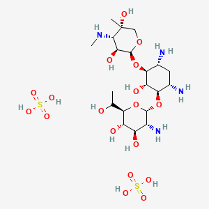 molecular formula C20H44N4O18S2 B1671431 (2S,5R)-2-[4,6-diamino-3-[(2R,6S)-3-amino-4,5-dihydroxy-6-(1-hydroxyethyl)oxan-2-yl]oxy-2-hydroxycyclohexyl]oxy-5-methyl-4-(methylamino)oxane-3,5-diol;sulfuric acid CAS No. 108321-42-2