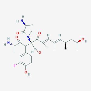 molecular formula C28H40IN3O6 B1671443 (2S)-2-amino-N-[(2S,5R,7E,9E,11R,13S)-2-amino-5-formyl-13-hydroxy-4-(4-hydroxy-3-iodophenyl)-7,9,11-trimethyl-3,6-dioxotetradeca-7,9-dien-5-yl]-N-methylpropanamide CAS No. 108675-63-4