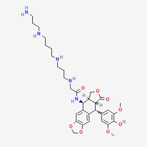molecular formula C33H47N5O8 B1671846 Acetamide, 2-((3-((4-((3-aminopropyl)amino)butyl)amino)propyl)amino)-N-((5S,5aS,8aR,9R)-5,5a,6,8,8a,9-hexahydro-9-(4-hydroxy-3,5-dimethoxyphenyl)-8-oxofuro(3',4':6,7)naphtho(2,3-d)-1,3-dioxol-5-yl)- CAS No. 866874-63-7