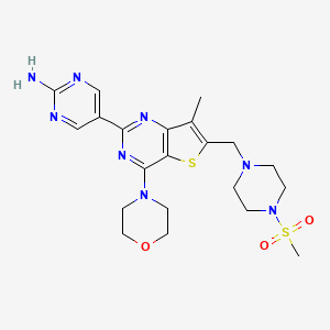 molecular formula C21H28N8O3S2 B1671977 5-(7-Methyl-6-((4-(methylsulfonyl)piperazin-1-yl)methyl)-4-morpholinothieno[3,2-d]pyrimidin-2-yl)pyrimidin-2-amine CAS No. 1032754-81-6