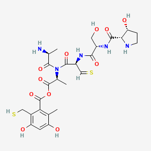 molecular formula C26H35N5O11S2 B1672114 [(2S)-2-[[(2S)-2-aminopropanoyl]-[(2R)-2-[[(2S)-3-hydroxy-2-[[(2S,3R)-3-hydroxypyrrolidine-2-carbonyl]amino]propanoyl]amino]-3-sulfanylidenepropanoyl]amino]propanoyl] 3,5-dihydroxy-2-methyl-6-(sulfanylmethyl)benzoate CAS No. 161161-54-2