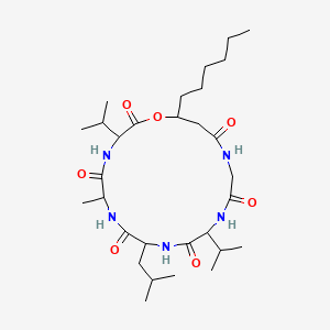 molecular formula C30H53N5O7 B1672195 19-Hexyl-6-methyl-9-(2-methylpropyl)-3,12-di(propan-2-yl)-1-oxa-4,7,10,13,16-pentazacyclononadecane-2,5,8,11,14,17-hexone CAS No. 80111-95-1