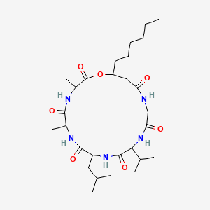 molecular formula C28H49N5O7 B1672196 19-Hexyl-3,6-dimethyl-9-(2-methylpropyl)-12-propan-2-yl-1-oxa-4,7,10,13,16-pentazacyclononadecane-2,5,8,11,14,17-hexone CAS No. 80111-96-2