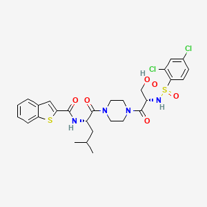 molecular formula C28H32Cl2N4O6S2 B1672345 N-[(2S)-1-[4-[(2S)-2-[(2,4-dichlorophenyl)sulfonylamino]-3-hydroxypropanoyl]piperazin-1-yl]-4-methyl-1-oxopentan-2-yl]-1-benzothiophene-2-carboxamide CAS No. 942206-85-1
