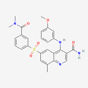 molecular formula C27H26N4O5S B1672372 6-[[3-[(Dimethylamino)carbonyl]phenyl]sulfonyl]-4-[(3-methoxyphenyl)amino]-8-methyl-3-quinolinecarboxamide CAS No. 801312-28-7