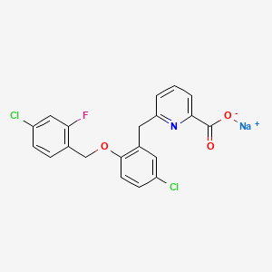 molecular formula C20H13Cl2FNNaO3 B1672374 2-Pyridinecarboxylic acid, 6-((5-chloro-2-((4-chloro-2-fluorophenyl)methoxy)phenyl)methyl)-, sodium salt CAS No. 892664-04-9