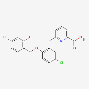 molecular formula C20H14Cl2FNO3 B1672375 2-Pyridinecarboxylic acid, 6-((5-chloro-2-((4-chloro-2-fluorophenyl)methoxy)phenyl)methyl)- CAS No. 892664-17-4